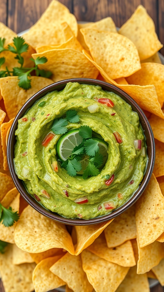 A bowl of guacamole with tortilla chips on a wooden table.